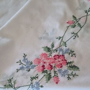 Floral Embroidered White Table Linen with Pink and Blue Flowers